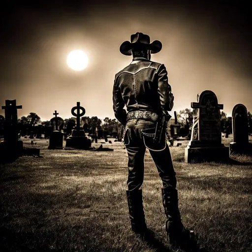 Prompt: cowboy standing in a graveyard, specter, anatomically correct, blood moon, wild west, dark nite,evil lurking in the grave yard 