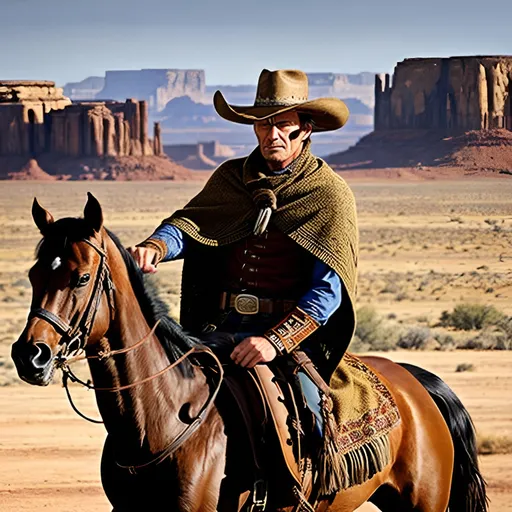 Prompt: Clint Eastwood in 'The Good, the Bad and the Ugly', iconic poncho, charismatic cowboy, riding on a majestic brown horse, rugged western landscape, dusty desert scene, intense and focused stare, classic cinematic quality, detailed facial features, iconic cigarillo in mouth,traditional western style, sepia tones, dramatic lighting, high quality, cinematic, iconic, detailed facial features, charismatic, rugged landscape, traditional western style, sepia tones, dramatic lighting