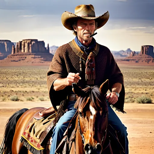 Prompt: Clint Eastwood in 'The Good, the Bad and the Ugly', iconic poncho, charismatic cowboy, riding on a majestic brown horse, rugged western landscape, dusty desert scene, intense and focused stare, classic cinematic quality, detailed facial features, iconic cigarillo in mouth,traditional western style, sepia tones, dramatic lighting, high quality, cinematic, iconic, detailed facial features, charismatic, rugged landscape, traditional western style, sepia tones, dramatic lighting