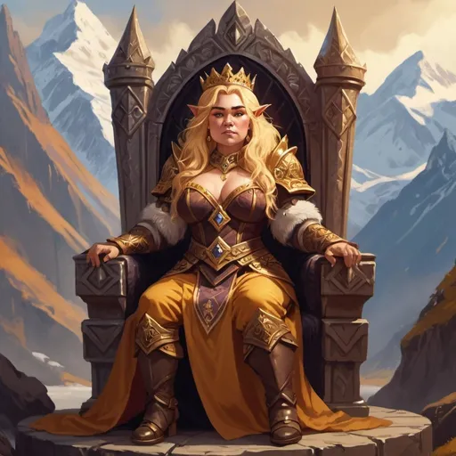 Prompt: Dwarf queen sitting on her throne under the mountains, golden hair, fantasy character art, fancy dressing, illustration, dnd, warm tone, accurate face