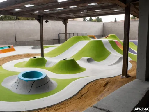 Prompt: Diseña y renderiza un pumptrack con un Skatepark de cemento pintado con colores frescos y algo cálidos para bmx y mtb en un entorno urbano aplicando paisajismo al diseño general con áreas verdes 