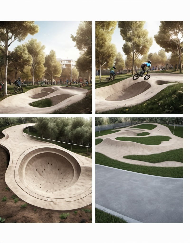 Prompt: Diseña y renderiza un pumptrack de tierra arcillosa para bmx y mtb en un entorno urbano aplicando paisajismo al diseño general