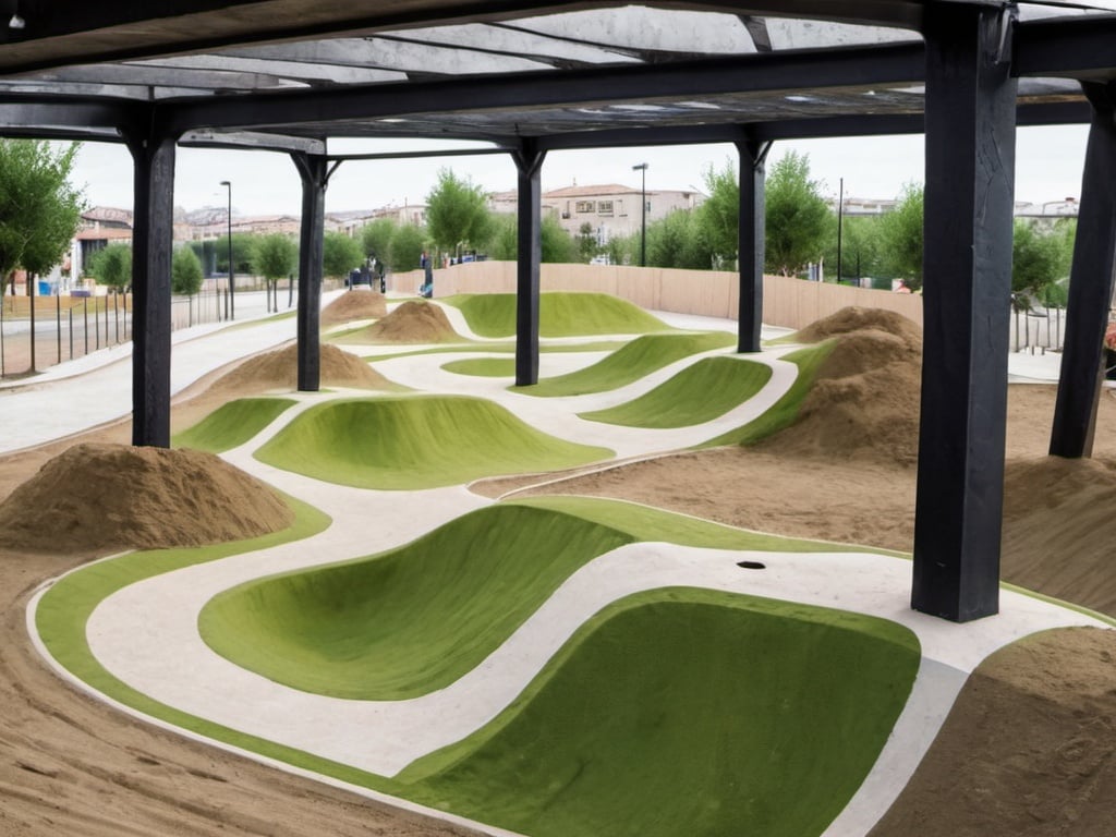 Prompt: Diseña y renderiza un pumptrack de tierra arcillosa para bmx y mtb en un entorno urbano aplicando paisajismo al diseño general con áreas verdes 