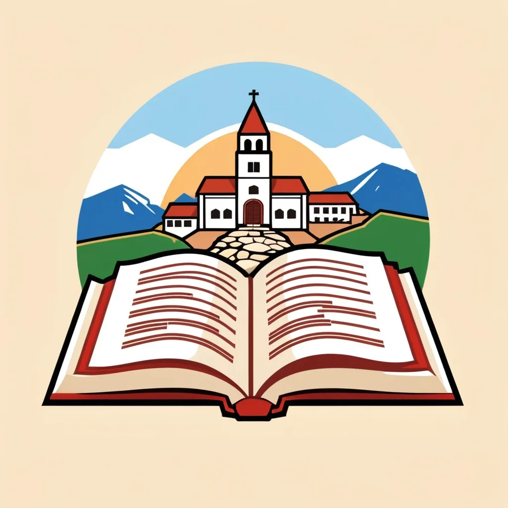 Prompt: A logo for Nea Karvali High School.  An open book and above a traditional stone village