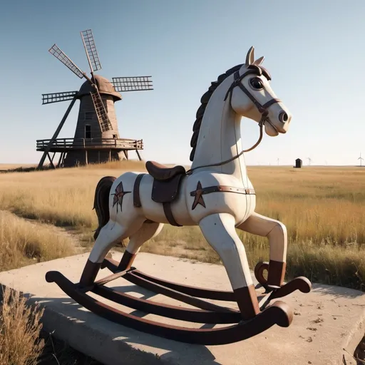 Prompt: 
a stylized rocking horse and in the background abandoned prairies and a distant windmill