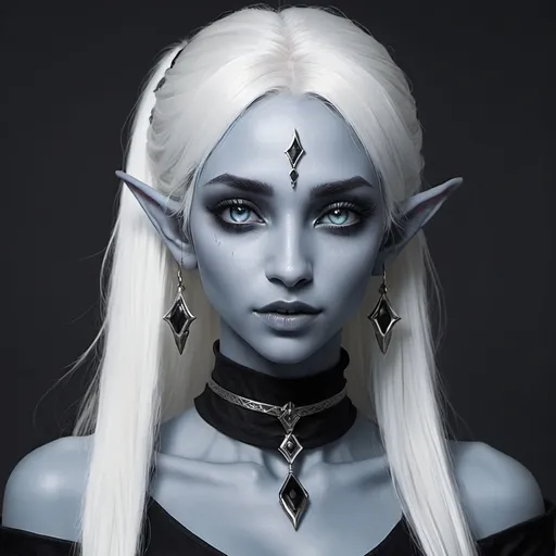 Prompt: imagine a drow elf with full pale blue skin, gray eyes, white long hair on a ponytail with some loose hair, black choker with silver and black price-like clothes