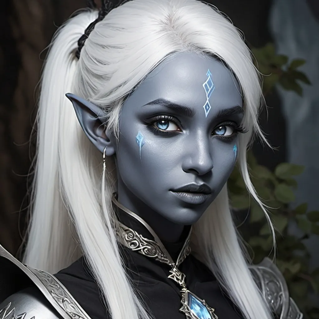 Prompt: imagine a drow elf with full pale blue skin, gray eyes, white long hair on a ponytail with some loose hair, black choker with silver and black price-like clothes