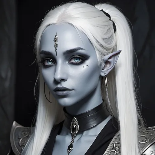 Prompt: imagine a drow elf with full pale blue skin, gray eyes, white long hair on a ponytail with some loose hair, black choker with silver and black price-like clothes