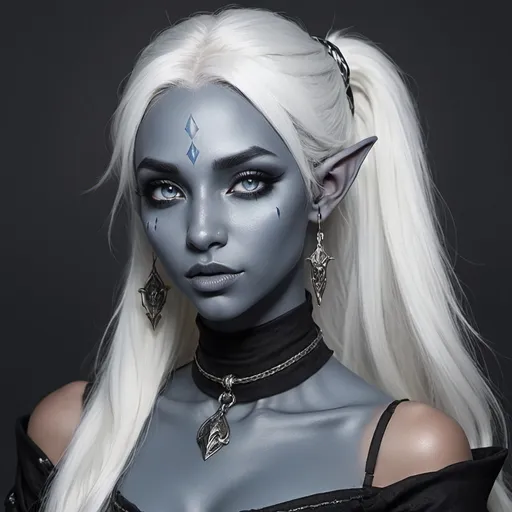 Prompt: imagine a drow elf with pale blue skin, gray eyes, white long hair on a ponytail with some loose hair, black choker with silver and black price-like clothes