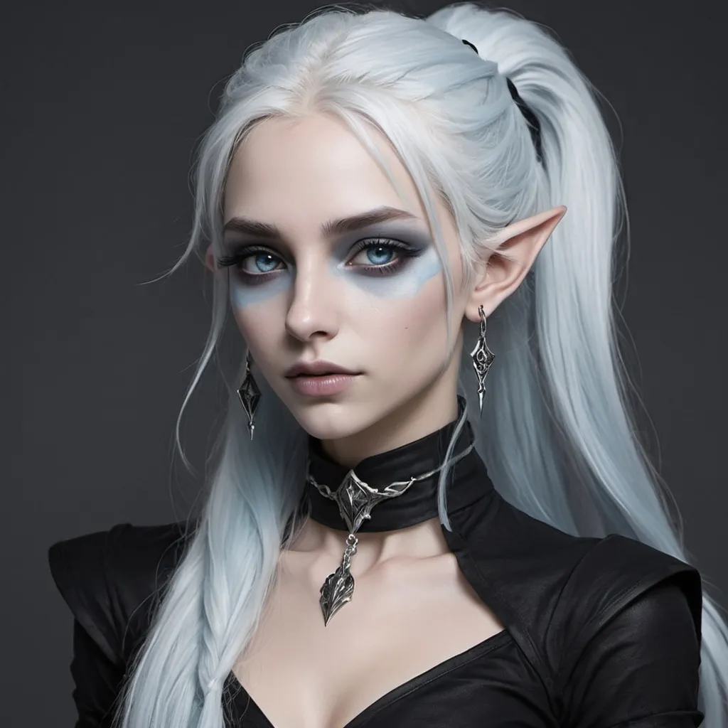 Prompt: imagine a drow elf with pale blue skin, gray eyes, white long hair on a ponytail with some loose hair, black choker with silver and black price-like clothes