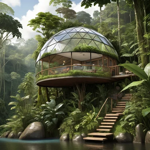 Prompt: display a glass dome house in the amazon jungle along a hillside.  using lush jungle images.  include birds, butterflies and local animals from Ecuador.  include a small stream for trout fishing, a small waterfall in the background .  the structure should be made out of glass for the dome but the interior design should be  made of all natural materials, locally sourced.  a 1 bedroom 1 level home with a an earthship design for air and water recycling.  No cement or metal objects.  include a garden area for fruits and the stream should be clear and flowing.  expand the view to include a small waterfall in the background.