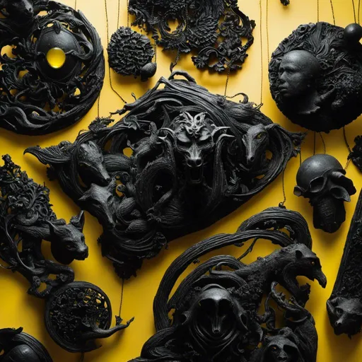 Prompt: <mymodel>  a collection of large intricately carved and designed jet black argillite pendants with yellow transparent glass.  creatures, beasts, monsters, portraits, dark, morbid,  in various shapes, sizes, styles. Artistic, sculptural.