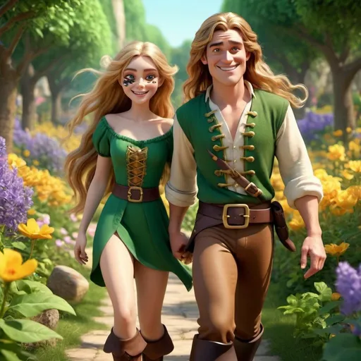 Prompt: Disney Pixar character, 3D render style, old pirate evil laugh, cinematic colors... create an image of a beautiful 19-year-old human woman with golden brown hair walking in a luscious spring flower garden with a handsome high-fae male with long blonde hair wearing a golden mask. (The high-fae male is dressed in a green tunic, white shirt, brown pants, and boots.  The high-fae male has long blonde hair and is wearing an intricate gold mask)