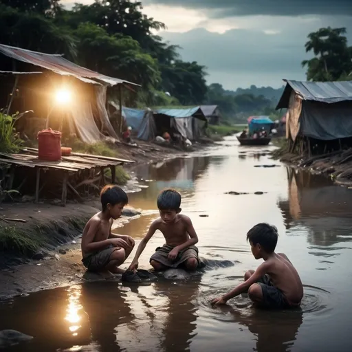Prompt: asean homeless kids playing at river, dramatic fantasy settlement scene, cinematic lighting