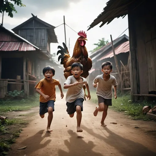 Prompt: asean kids playing run and being chased by big chicken at back, dramatic fantasy settlement scene, cinematic lighting