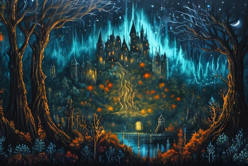 Prompt: Large painting of a dark fantasy forest with a castle in the background, dark starry sky