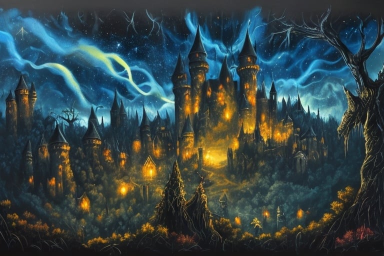 Prompt: Large painting of a dark fantasy forest with a castle in the background, dark starry sky