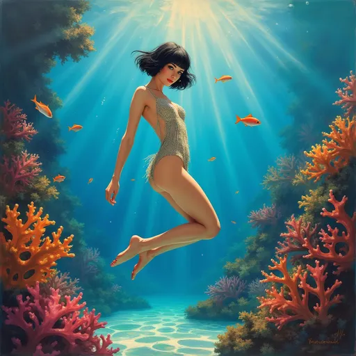 Prompt:  Ölgemälde zeigt eine stilisierte Unterwasserszene inmitten eines farbenfrohen Korallenriffs vor den Seychellen. Im Zentrum und in Seitenansicht, schwimmt eine Frau. Ihr kurzer schwarzer Bob mit realistisch schwebendem, locker abstehenden Haar, das sich im Wasser bewegt und die Schwerelosigkeit betont, jede einzelne Strähne scheint schwerelos im Wasser zu schweben und folgt der Bewegung des Körpers, was den Eindruck echter Unterwasserbewegung verstärkt, blaue Augen, während feine Luftblasen von ihren Lippen aufsteigen. Sie trägt ein schimmerndes, Badeanzug mit Fransen, die sich im Wasser wie lebendige Meeresalgen bewegt. Mit schwimmbewegungen und anmutig angewinkelten Beinen scheint sie schwerelos zu tanzen, den Blick direkt und lächelnd zur Kamera gerichtet. Rund um sie leuchten die Korallen in kräftigen Farben, zwischen denen kleine Fische hindurchgleiten. Sonnenstrahlen brechen durch die Wasseroberfläche und tauchen die Szene in ein magisches Lichtspiel. Die gesamte Komposition wirkt surreal und poetisch – als wäre die Flapper ein Teil dieses stillen, lebendigen Ozeanparadieses. Die Szene ist bunt, geometrisch und leicht surreal, inspiriert von Tamara de Lempickas