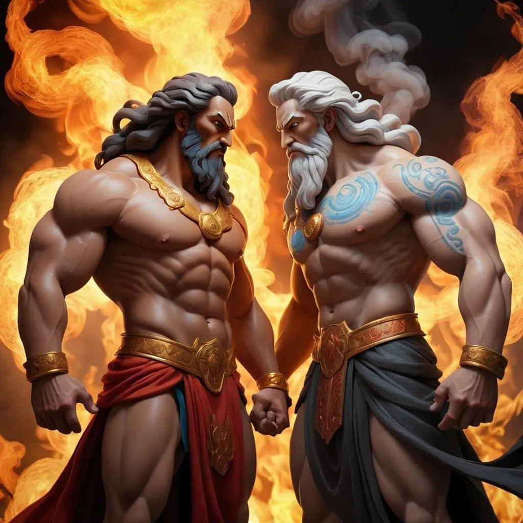 Prompt: two gods standing and facing each other. Make them mystical, and muscular. with fire and smoke surrounding them
