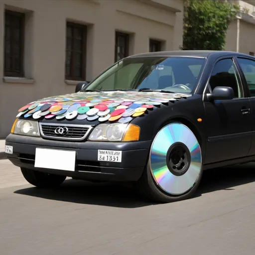 Prompt: A car with CD discs as wheels