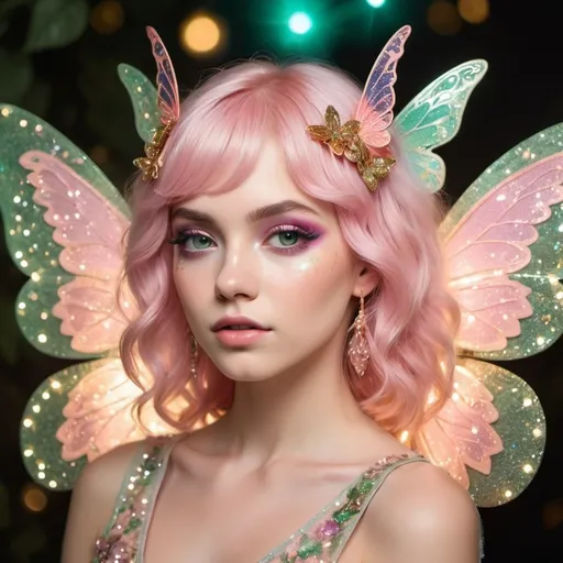 Prompt: The image depicts a person with a fantastical, ethereal appearance, resembling a fairy or a magical being. They have short, pastel pink hair with soft waves, and their face is adorned with elaborate makeup. The makeup features glittering, jewel-like embellishments around the eyes and cheeks, with a combination of pink, green, and gold tones, giving a sparkling and mystical effect. The person is wearing an outfit that is equally elaborate and shimmering. The clothing is covered in sequins, glitter, and other embellishments that catch the light, making the entire ensemble sparkle. They have translucent, butterfly-like wings that glow with colorful lights, adding to the enchanting, otherworldly feel of the scene. In the background, the lighting suggests an outdoor setting, possibly at dusk or dawn, with soft, out-of-focus lights that enhance the dreamy, magical atmosphere. The overall impression is one of fantasy and whimsy, with a strong emphasis on light, color, and sparkle

