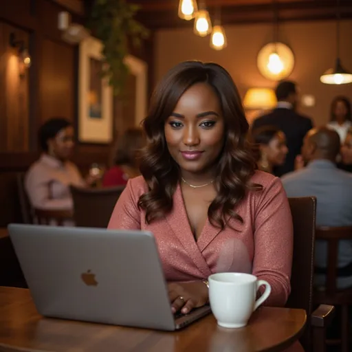 Prompt: @juqL6c23iB2nt4l8UOnD  she is sitting in the table  coffe shop table and looking at her computer. she is wearing a professional dress. 