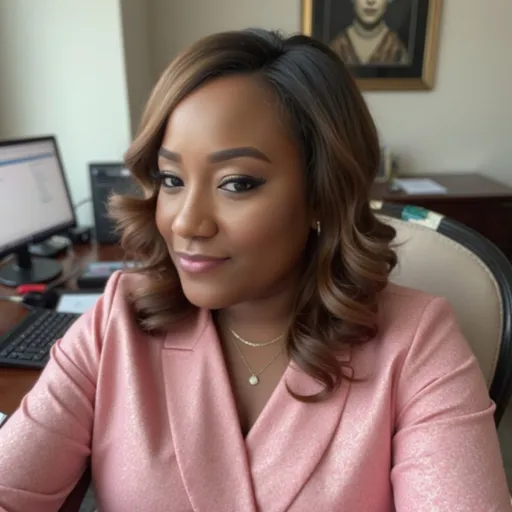 Prompt: @juqL6c23iB2nt4l8UOnD she is sitting at the blackground looking at her computer. dress with professional clothe pink and white color. and smiling at the camera 