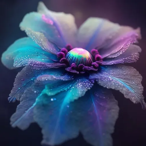 Prompt: Nebulous flower with iridescent hues, delicate and feathery, deep blues, purples, greens, highres, delicate details, surreal, dreamy, soft lighting, fantasy, ethereal, floral art, cool tones, atmospheric