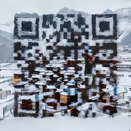 Prompt: a snowy village with mountains on the back