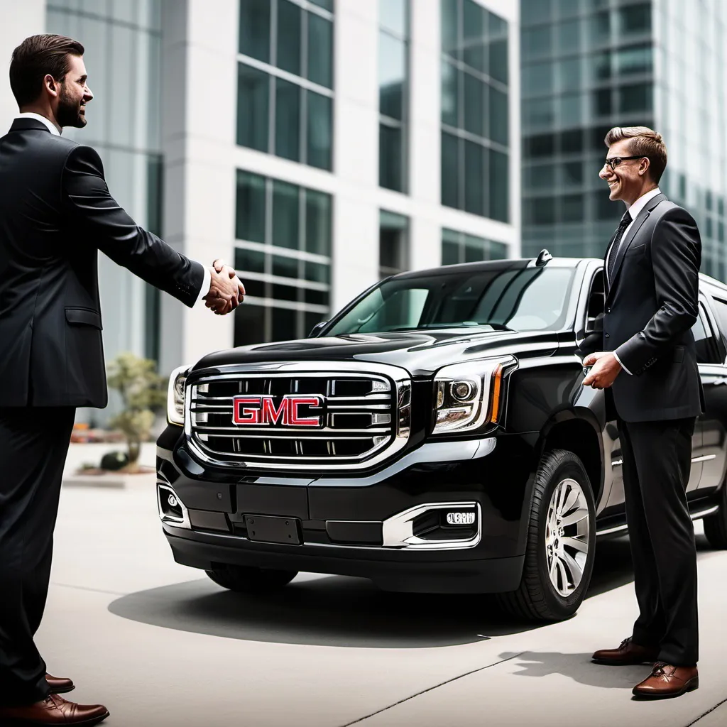 Prompt: create a photo  of a black gmc yukon parked and in the background businessmen shaking hands