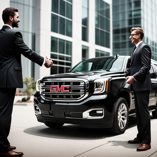 Prompt: create a photo  of a black gmc yukon parked and in the background businessmen shaking hands