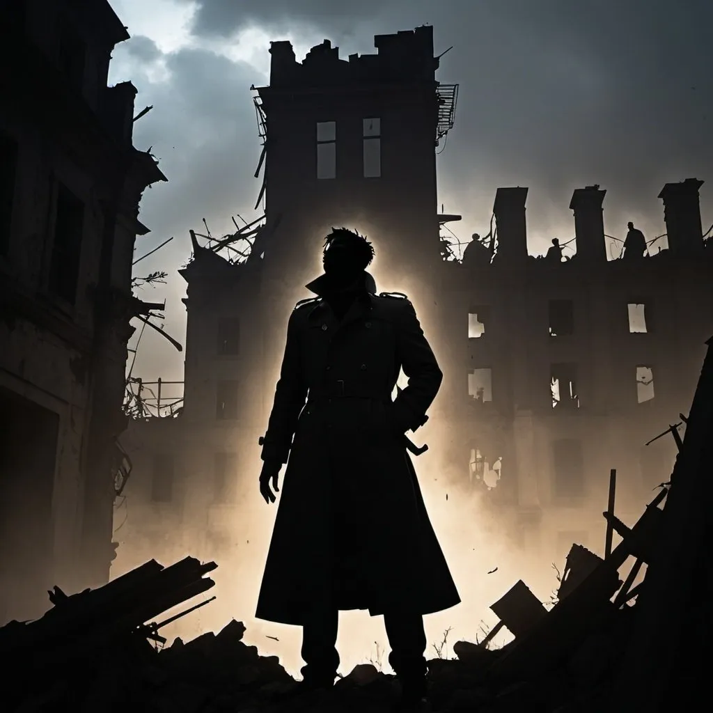 Prompt: A silhouette of a villain, in trench coat, laughing above ruined building, as many victims look upon him.