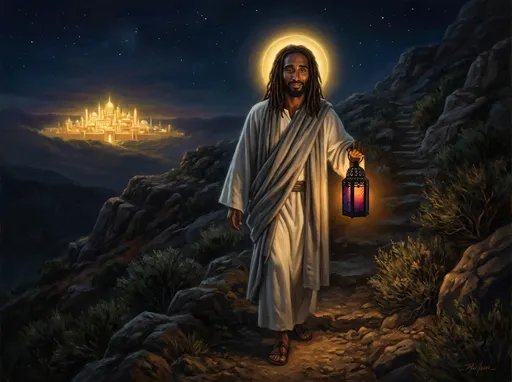 Prompt: Deep in the night, Jesus walks the path to enlightenment.  His face is serene and smiling slightly.  He has a beautiful golden halo.  He carries a old fashioned, lit lantern in his hand. The path is steep and leads to a glorious golden city in the very far distance.  Jesus is not bothered by the steep trail.  