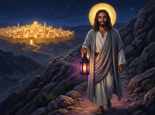 Prompt: Deep in the night, Jesus walks the path to enlightenment.  His face is serene and smiling slightly.  He has a beautiful golden halo.  He carries a old fashioned, lit lantern in his hand. The path is steep and leads to a glorious golden city in the very far distance.  Jesus is not bothered by the steep trail.  This picture should have a portrait orientation, not a landscape orientation.