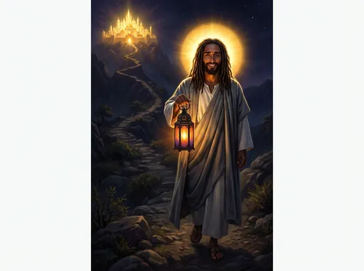 Prompt: Deep in the night, Jesus walks the path to enlightenment.  His face is serene and smiling slightly.  He has a beautiful golden halo.  He carries a old fashioned, lit lantern in his hand. The path is steep and leads to a glorious golden city in the very far distance.  Jesus is not bothered by the steep trail.  This picture should have a portrait orientation, not a landscape orientation.