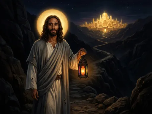 Prompt: Deep in the night, Jesus walks the path to enlightenment.  His face is serene and smiling slightly.  He has a beautiful golden halo.  He carries a old fashioned, lit lantern in his hand. The path is steep and leads to a glorious golden city in the very far distance.  Jesus is not bothered by the steep trail.  This picture should have a portrait orientation, not a landscape orientation.