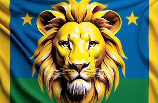 Prompt: A flag featuring a lion on vivid yellow, lush green, and bright blue background