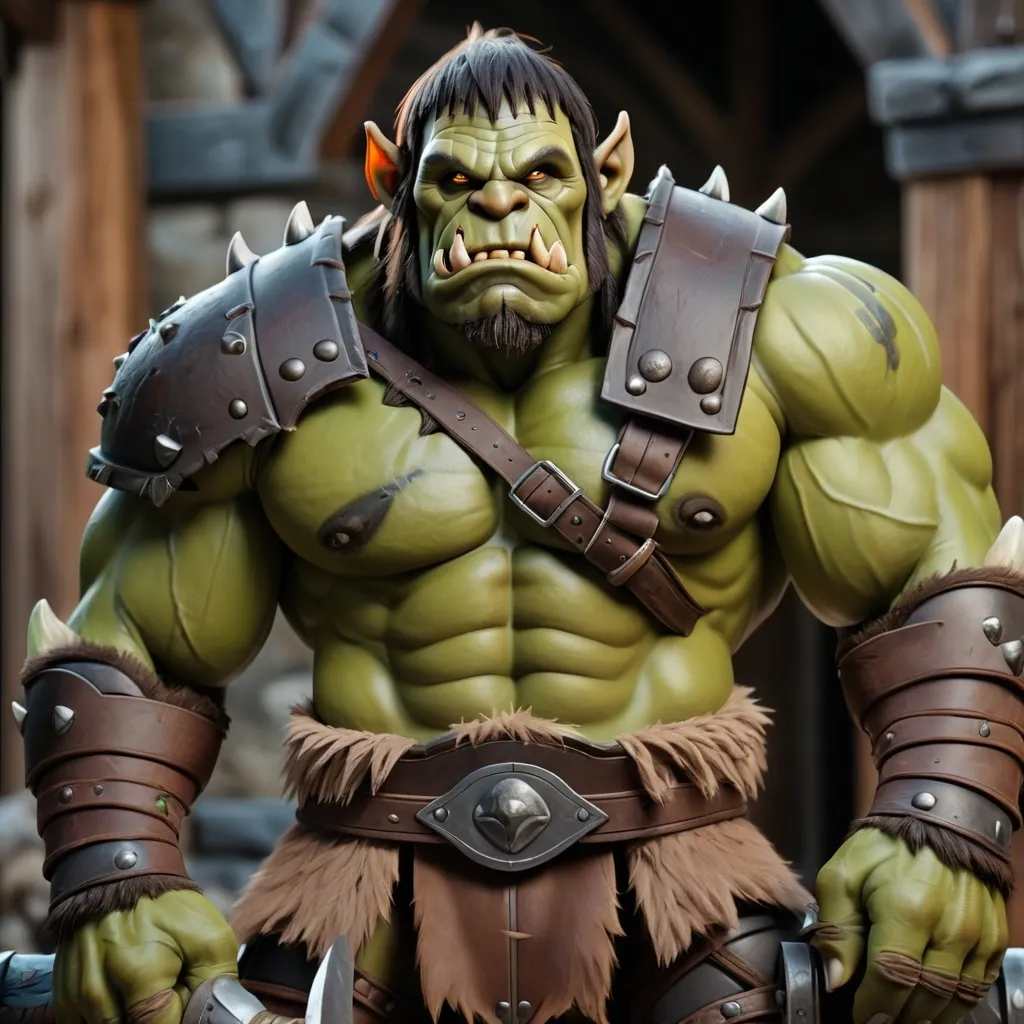 Prompt: Muscular and hairy orc in leather armor