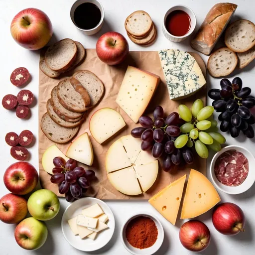Prompt: table top view on white table lots of food cheese, grape, salami, bread, paprika etc and in the middle 3 apples close to each other 