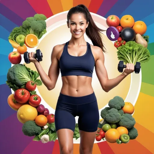 Prompt: male or female, in athletic attire, holding healthy food like fruits or vegetables in one hand and fitness equipment like a dumbbell in the other. The background is dynamic and vibrant, with elements representing both physical activity and healthy living, such as running trails, gym equipment, and nutritious foods. The overall theme should convey the message of 'Chase your goal' or 'Make your dream a reality,' emphasizing the connection between fitness, healthy eating, and achieving personal wellness goals. The design is modern, clean, and energetic."