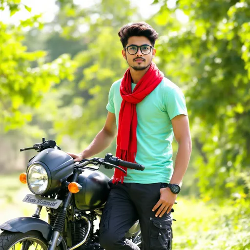 Prompt: A young man stands confidently next to a sleek black motorcycle in a lush outdoor setting, characterized by vibrant green trees and a sunlit environment. He wears a stylish mint green t-shirt paired with dark cargo pants, complemented by a striking red scarf draped around his neck, adding a splash of color to his look. With a thoughtful expression and glasses framing his face, he leans slightly against the motorcycle, which features clean lines and modern design. The scene captures a harmonious blend of tranquility and adventure, suggesting a spirited narrative of freedom and style amidst nature.