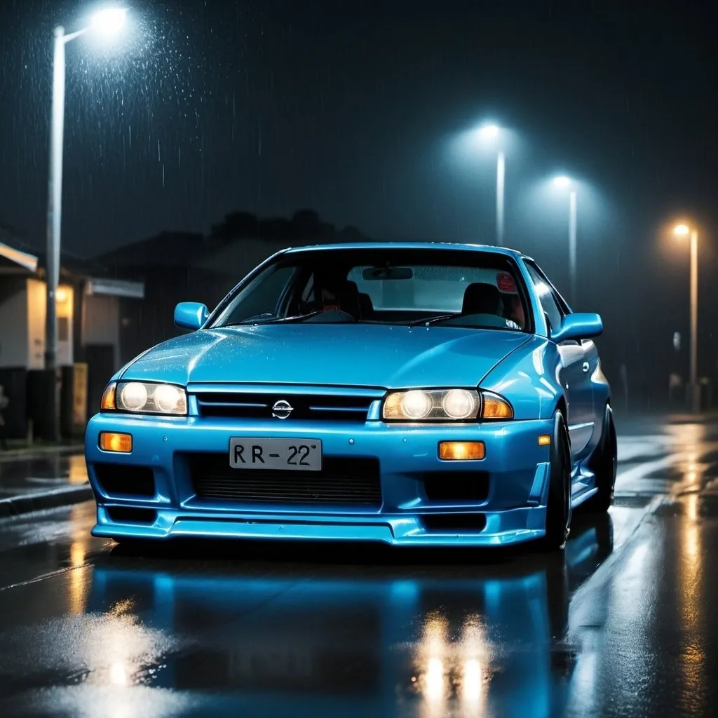 Prompt: Baby blue Nissan Skyline r32 drifting in the rain at night, under a street lamp 