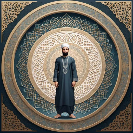 Prompt: A captivating illustration of the Oneness of Allah, with a versatile male character standing in the center. The character's attire is simple and modest, reflecting the essence of unity. The background showcases an elaborate and ornate Islamic design, while the text of the sermon flows gracefully around the image. The overall theme of this artwork is to communicate the idea that Allah is one and indivisible, transcending all conditions and attributes.