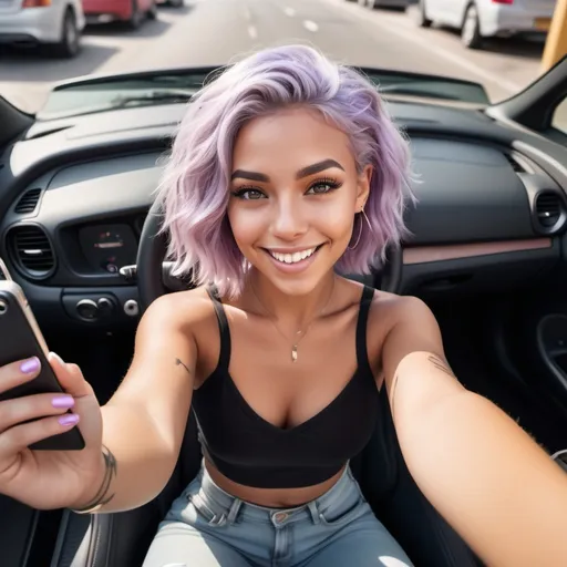 Prompt: A hyper realistic tan flawless woman with lavender hair wearing low cut crop top and jeans in a car looking happy taking a  selfie top down view