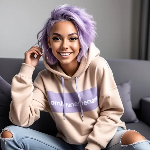 Prompt: A hyper realistic tan flawless woman with lavender hair wearing low cut crop top hoodie and jeans sitting on a couch looking happy