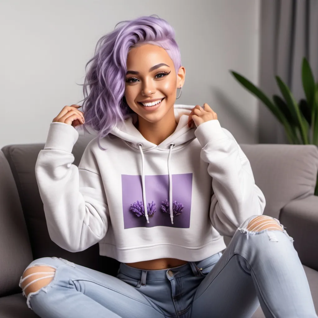 Prompt: A hyper realistic tan flawless woman with lavender hair wearing low cut crop top hoodie and jeans sitting on a couch looking happy