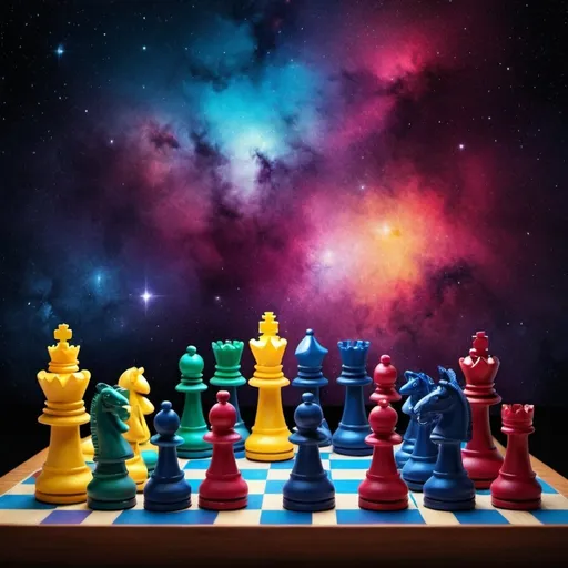 Prompt: chess in colorfully in the universe like grant materrs playing



