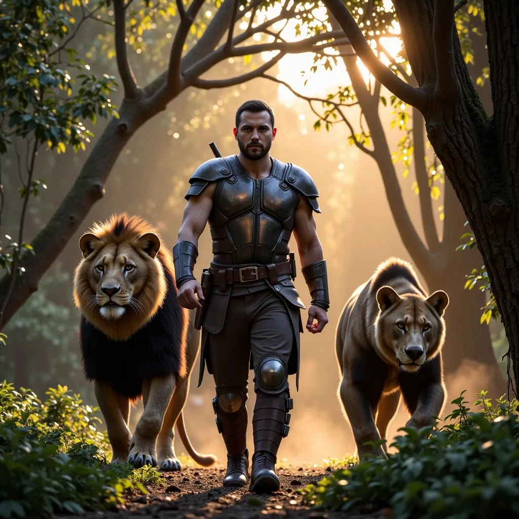 Prompt: The man went with two animals, a male lion and a male bear.