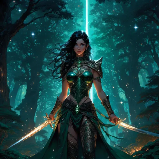 Prompt: <mymodel>(emerald eyed black hair beautiful female muscular warrior, like a greek goddess), (longsword in hand), standing fiercely in a dense, mystical forest, starry night sky illuminating the scene, dramatic contrasts of light and shadows, enchanting atmosphere, trees silhouetted against the stars, high detail, ultra-detailed