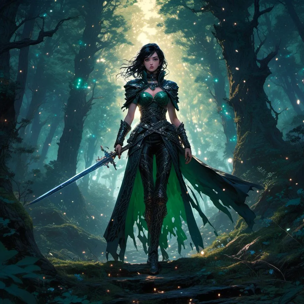 Prompt: <mymodel>(emerald eyed black hair female warrior), (longsword in hand), standing fiercely in a dense, mystical forest, starry night sky illuminating the scene, dramatic contrasts of light and shadows, enchanting atmosphere, trees silhouetted against the stars, high detail, ultra-detailed, cinematic quality.